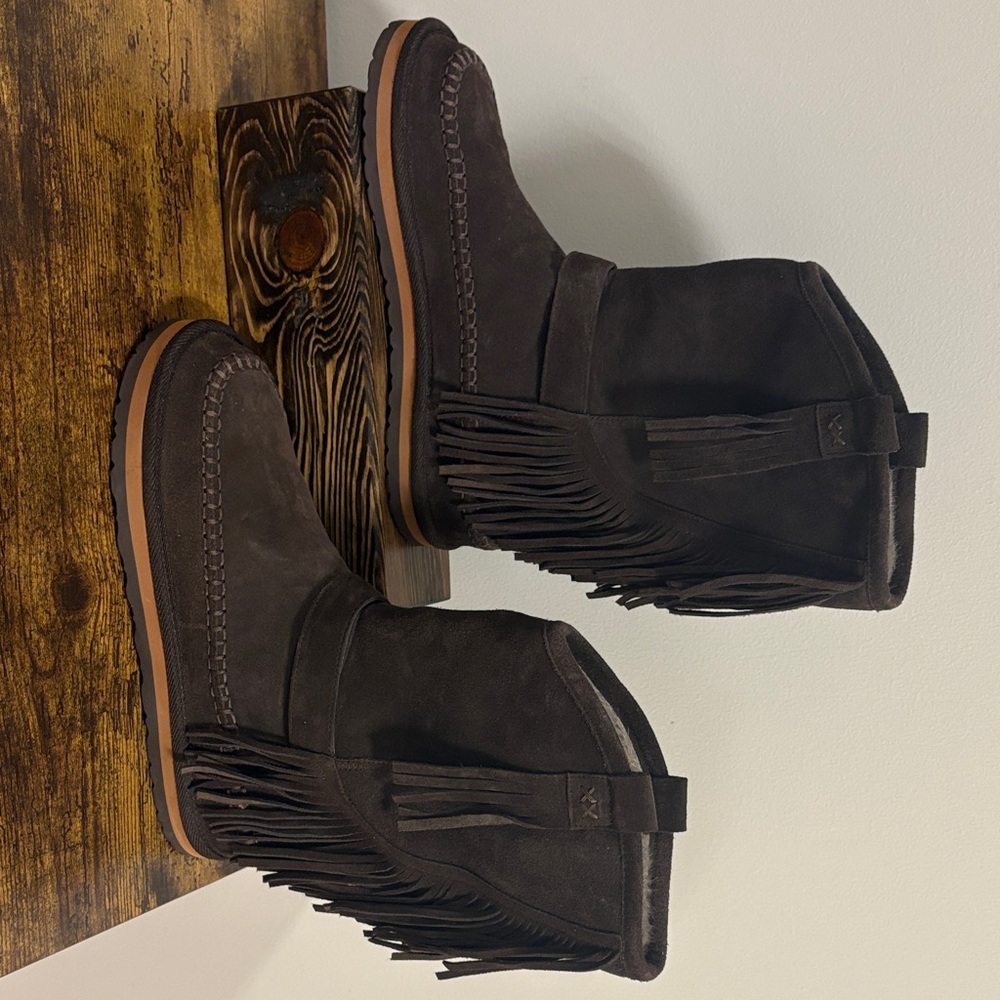 Free People Dark Brown Suede Fringe Moccasin Boots